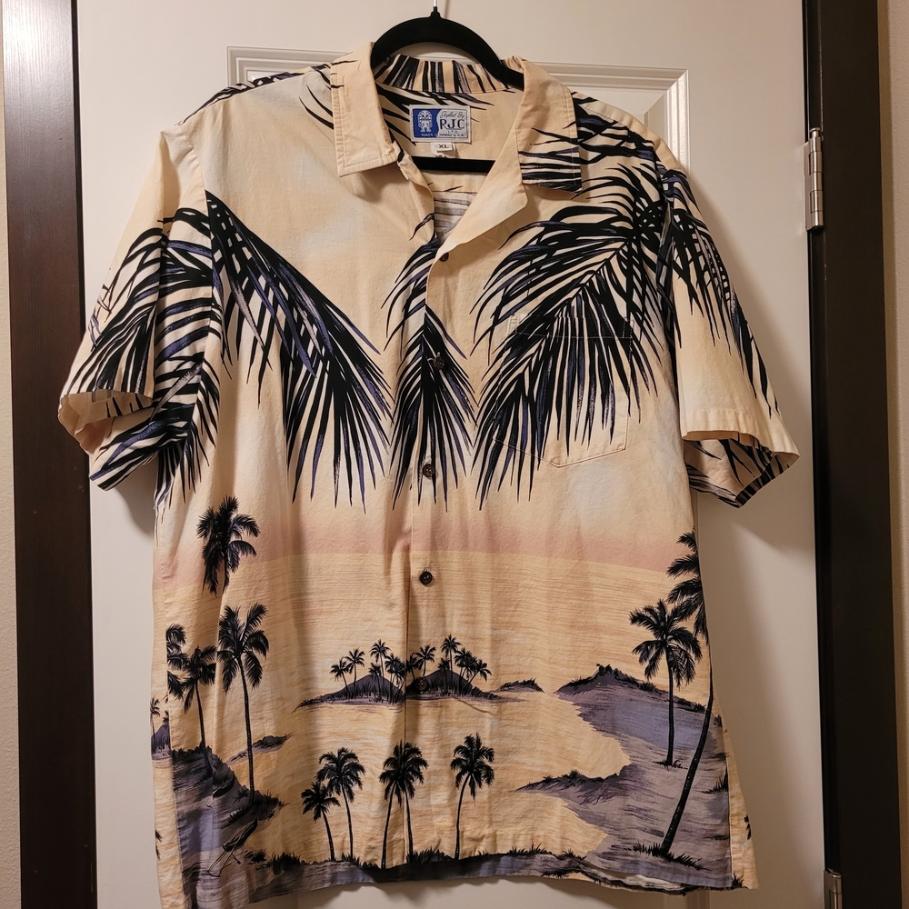 RJC Hawaiian Shirt Hawaii Men's Size XL Palm Tree Ocean Beach Camp Resort